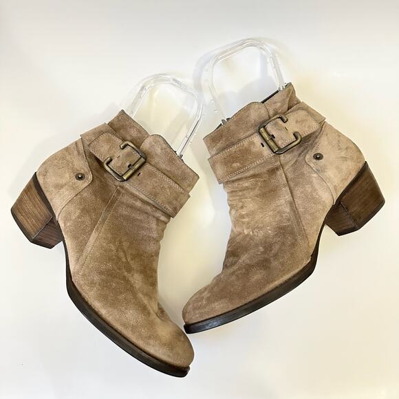 PAUL GREEN Booties Tan Suede Heeled Ankle Buckle Strap Moto - Picture 2 of 14
